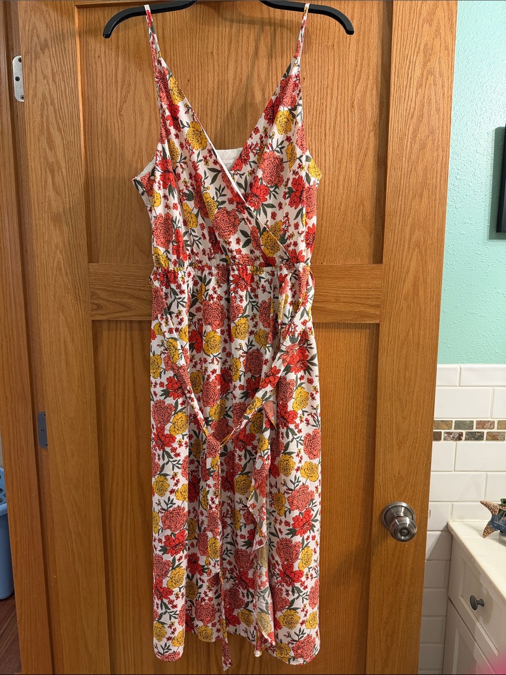 LOFT White Floral Midi Dress with Red & Yellow Blooms